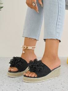 Women's Platform Wedge Sandals With Single Strap, Straw Bottom Thick Heel Wide Width - Black Color - View 5