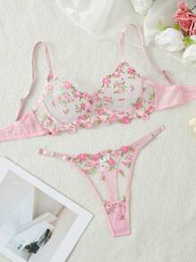2 Stücke/Set Sexy Damen Dessous Set, rosa Spitzen-bestickter BH und Höschen mit Mesh, romantische & intime Nachtwäsche, Sommer