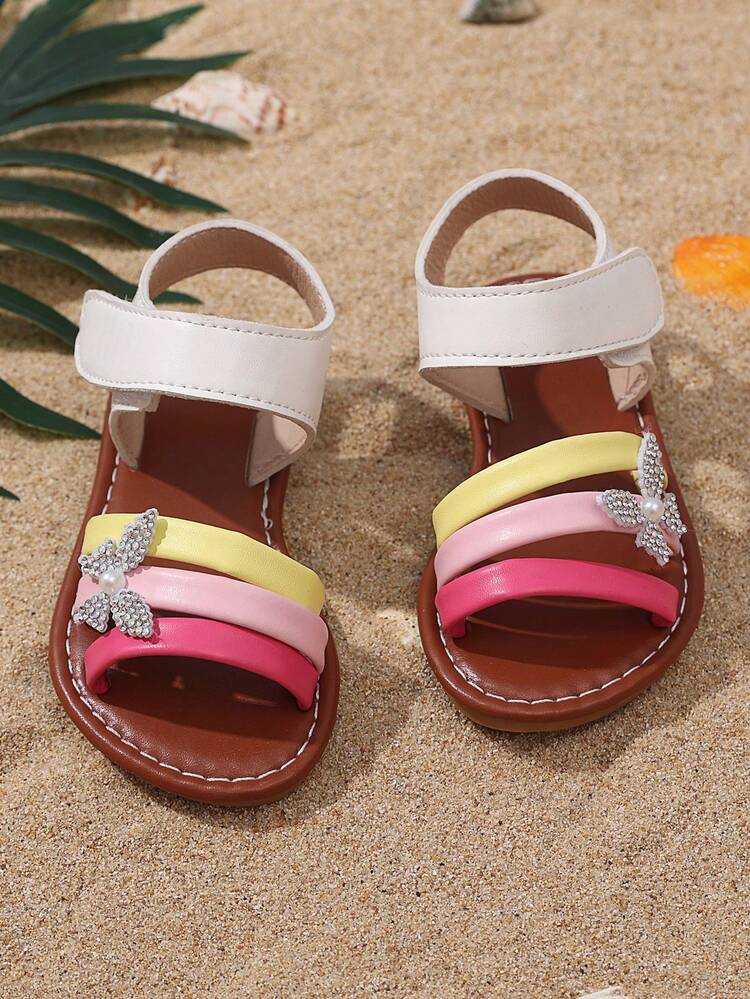 1 Pair Toddler Girls' Yellow & Pink Glitter Butterfly Decor Flat Sandals, Soft PU Material Round Toe Non-Slip Comfortable Casual Roman Sandals, Suitable For Infants & Babies Daily, Party, Vacation, 2025 New Arrival - Multicolor - View 3