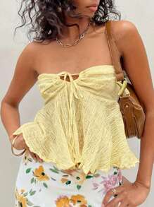 Purely Sensual Bohemian Style Butter Yellow Cutout Knotted Halter Top