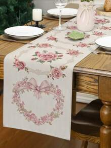 1pc Pink Heart Rose Floral Print Table Runner, Kitchen, Dining Room Decor, Holiday Decor, Home Gathering, Home Decor, Wedding Setting, Outdoor Dining, Coffee Table Decoration