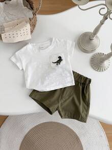 2件套男/女婴恐龙刺绣短袖T恤和纯色短裤套装，夏季 - 白色 - 查看 5