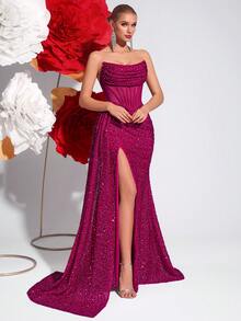 Elisanya 亮片露肩镂空鱼骨舞会礼服，褶皱高腰带蝴蝶结，开叉大腿露背系带鸡尾酒会晚会长款拖地裙，适合婚礼宾客、正式场合、毕业典礼和约会之夜 - 玫紅色 - 查看 7