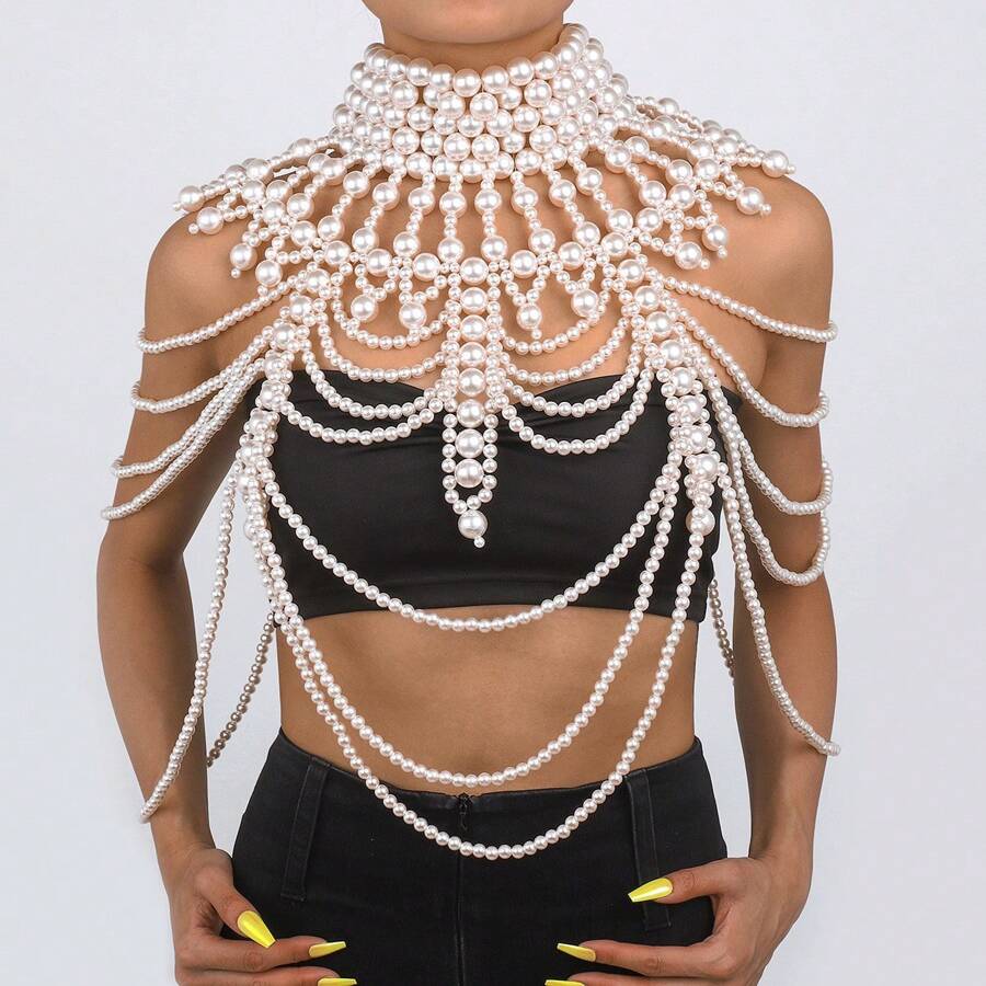 1 peça de corrente de pérola falsa branca feita à mão, design ondulado moderno, adequada para casamento, baile de formatura, festa, desfile, presente