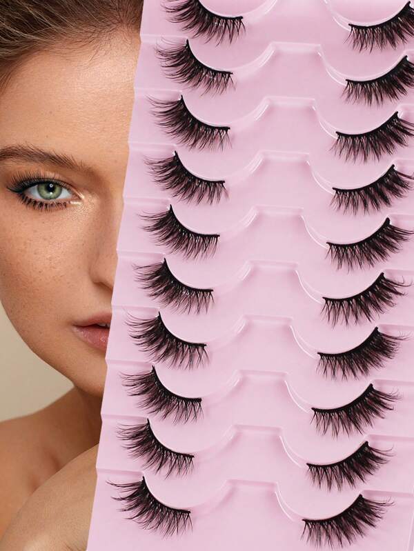 Luxury False Eyelashes Set, 10 Pairs - Multiple Styles: Doll, Cat Eye, Natural, Crossed, Fluffy - Mixed Lengths 6-15mm - Super Thin 0.07mm And 0.10mm Fibers, C And D Curl - Easy For Beginners, Reusable - With Transparent Band 3D Slim Cat Eye Lashes - A02-10F