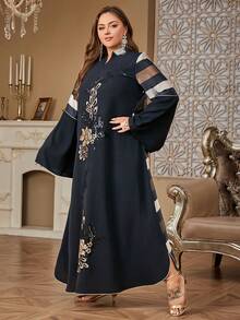 SISKAKIA Vestido elegante y con estilo para mujeres musulmanas de talla grande con mangas acampanadas, con aplicaciones de lentejuelas, cuello en V, rayas, de poliéster. Adecuado para playa, festival, boda, fiesta de cumpleaños, cita, evento formal, viaje.