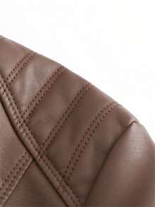 女士修身皮夹克，轻便春秋外套，立领仿皮机车夹克 - 咖啡棕 - 查看 7