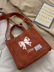 1pc Customized Name Women Handbag, Corduroy Butterfly Print Square Tote Bag, Large Capacity Shoulder Crossbody Bag, Fashion Simplicity Schoolbag, High-Quality Canvas Portable Handbag, Suitable For Daily Use, Gift For Family, Friends, Christmas, Easter, Spring Festival, Mother's Day, Women's Day, Valentine's Day, Teacher's Day, Nurse's Day, Birthday - Multicolor - View 5