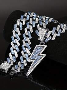 1 pieza Collar con colgante de hombre con relámpago de cristal de hielo - Cadena cubana brillante, estilo Hip-Hop Rapper