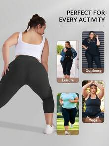 女式加大码高腰收腹弹力七分紧身裤，瑜伽健身裤（XL-5X）- 氨纶弹性面料 - 黑色 - 查看 7