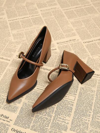 Chaussures à talons pour femmes mode printemps 2025, style bureau, décontracté couleur unie beige/noir/marron, bout pointu avec décoration métallique, talons épais minimalistes élégants, convient pour pantalons larges et robes, réf. 98581-7