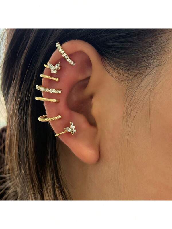 6 Stücke minimalistische Ohrmanschetten mit Linie & Strass, doppellagige U-förmige Clip-On Ohrringe ohne Piercing Set