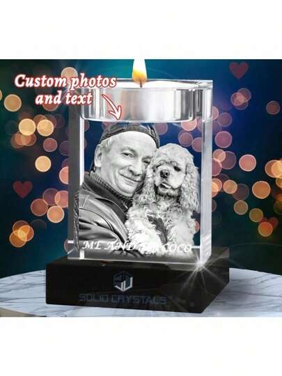 1PC Customized Photo And Name Crystal Candle Holder 3D Carving, Can Be Used As A Pet Souvenir, Family Memory, Anniversary Decoration, Suitable For Father's Day, Christmas, Birthdays And Other Holiday Gifts, As Well As For Home Commemorative Decoration Or Warm Corner Souvenirs.