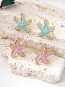 1 Pair Fashionable 3D Metal Colorful Pearl Painted Starfish Stud Earrings