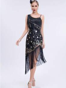 فستان نمط الخمسينيات المرصع بالترتر فستان براق ذو أهداب طراز أوروبي وأمريكي فستان سهرة متوسط وطويل