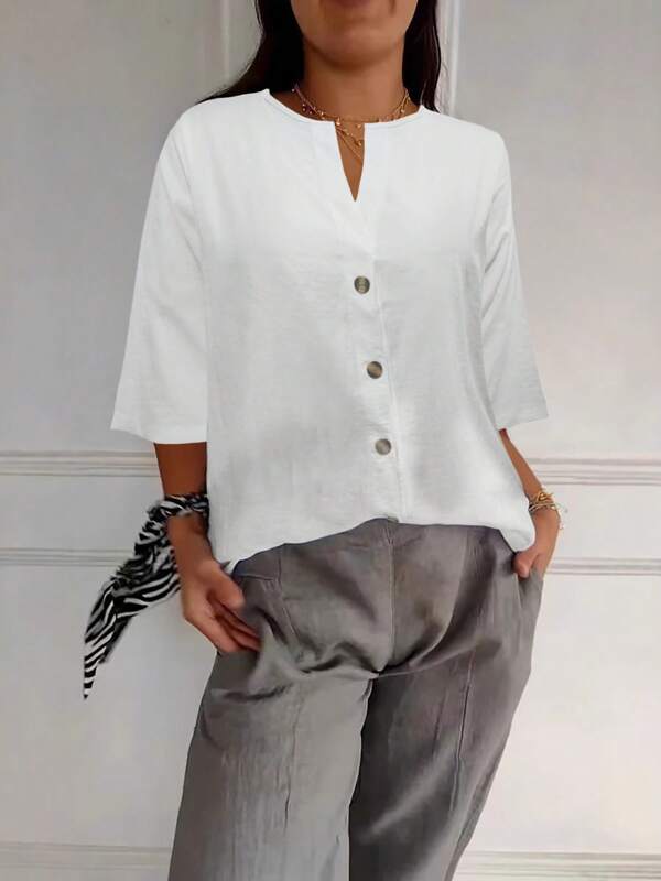 Women's Casual Solid Color Single-Breasted 3/4 Sleeve Blouse, Summer