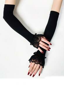 1 Pair Women's Lace Trim Lightweight Sun Protection Arm Sleeve Gloves, Solid Color, Spring & Autumn