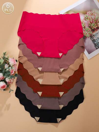 Calcinhas femininas sem costura de cor sólida com 6 peças e bainha ondulada, tecido confortável e suave para a pele