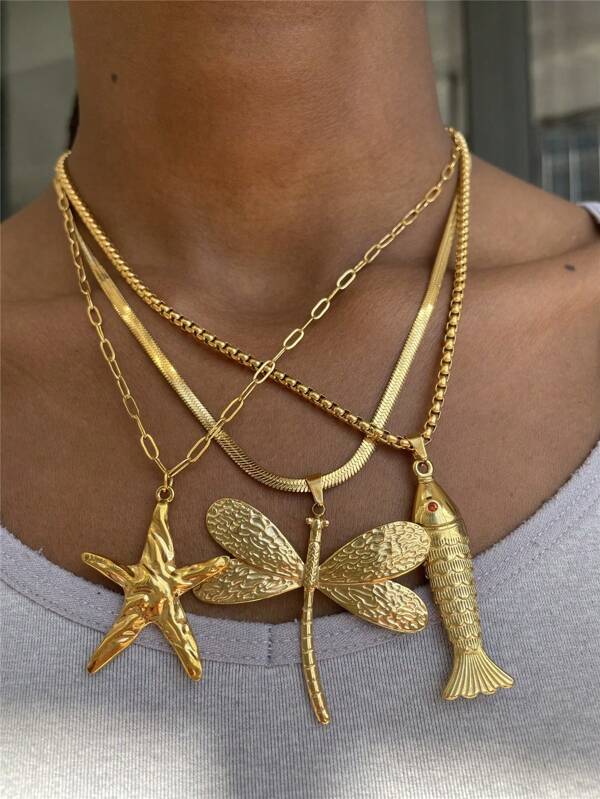 Collar con colgante de acero inoxidable con forma de libélula y pez, versátil para mujeres