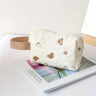 Cream-Color Quilted Bear & Star Embroidery Handbag - Cute Large Capacity Portable Makeup Organizer Bag, Suitable For Diapers And Multi-Purpose Use, Made Of Polyester Fabric With Zipper Closure, Decorative Tote Bag | Zipper Design, Diaper Bag