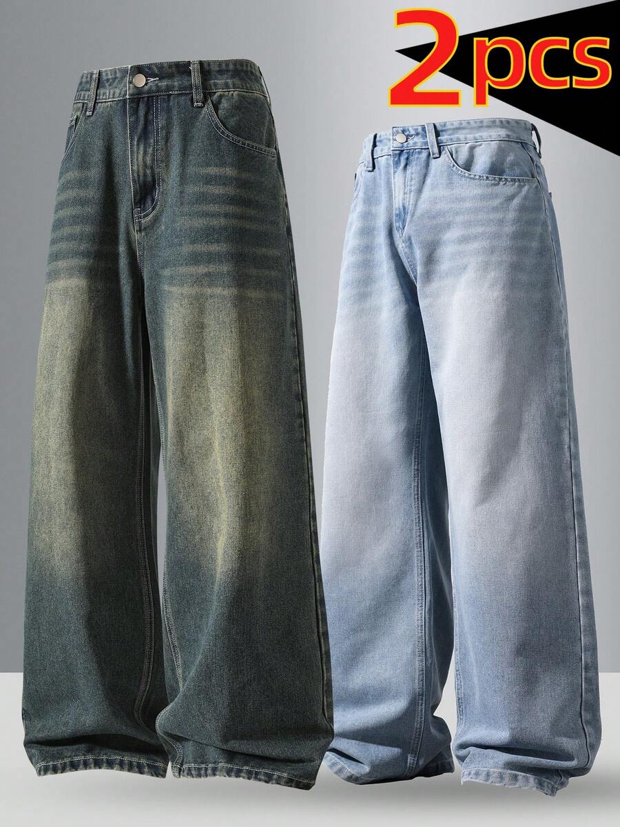 2pcs/Set Men's Loose Straight Leg Washed Vintage Blue Wide-Leg Jeans, Retro Casual Denim Pants, Suitable As Gift For Husband Or Boyfriend - Multicolor - View 1
