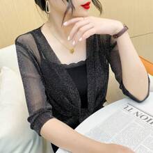1pc Women Sheer Mesh Cover Up Bolero, Lightweight Short Jacket, Versatile Summer Covering For Dresses