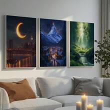 Set de 3 obras de arte enmarcadas en madera con pósteres en lienzo, pintura decorativa. Conjunto de 3 impresiones "Trono de Cristal", "Ciudad Creciente", "Velaris", "Terrasen", "Acotar" Citas de libros Impresión artística enmarcada