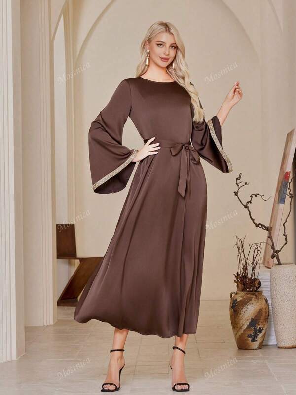 Elegant Ribbon Trim Flare Sleeve Maxi Arab Dress,Modest