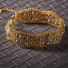 1pc Women Multicolor Copper Bead Woven Double Row Pearl Chain Wave Bracelet, Suitable For Daily And Party Wear