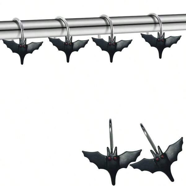 12pcs/Box Black Bat Shower Curtain Hooks, Rust-Proof Curtain Hooks For Bathroom Bedroom Decor Bathroom Decor Summer Bathroom Accessories Back To School