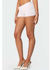 Women Y2K Folded Knit Mini Shorts Solid Color Folded Waist Short Pants For Vacation Beach Club - trắng - Xem 2
