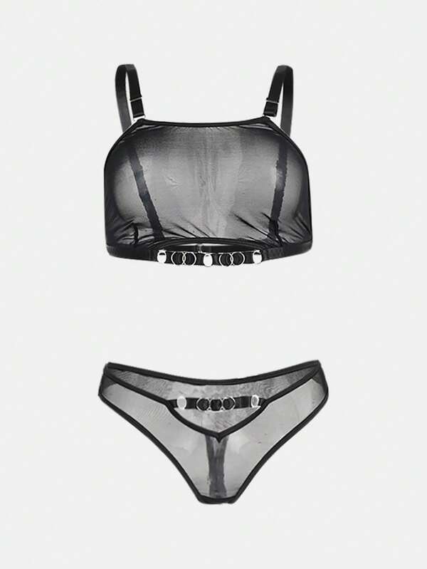 Woman's Sexy Lingerie Embroideries Party Party Rave Costumes Mesh See Through Garter Bra Set Of 2
