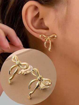 1 Pair Fashion Bowknot Clip On Earrings For Women, Elegant Clamp Earrings Suitable For Daily Wear, Gift For Ladies