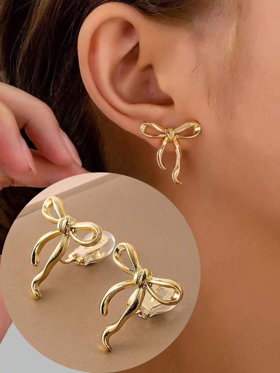 1 Pair Fashion Bowknot Clip On Earrings For Women, Elegant Clamp Earrings Suitable For Daily Wear, Gift For Ladies