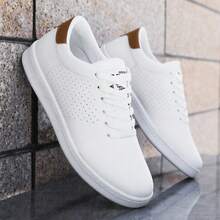 Men's Classic Solid Color Low-Top Sneakers, Comfortable Non-Slip Lace-Up Casual Athletic Shoes, Round Toe, Suitable For Outdoor Activities And Daily Wear All Year Round - White Card - View 5