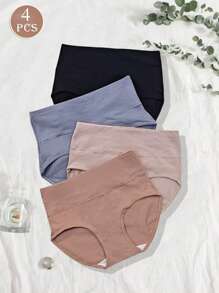 4 Peças Calcinhas Femininas de Cintura Alta Simples, Calcinha Modeladora Básica Simples de Algodão Puro Plus Size, Calcinha Confortável Macia e Sem Costura