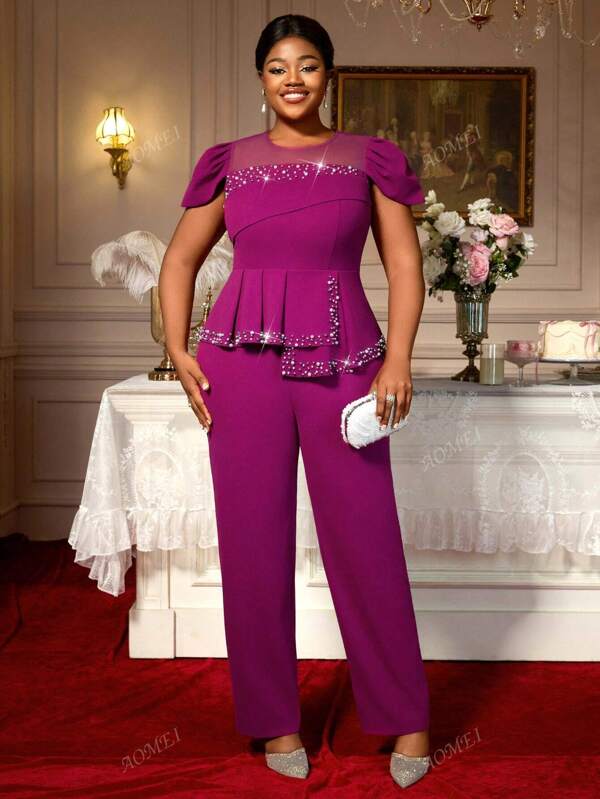 Elegant Jumpsuit Mesh Patchwork Beading Peplum Belly Cover Wide Leg One Piece Curve Women