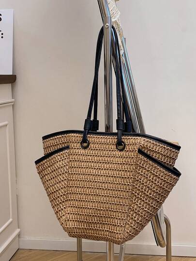 1 pezzo Grande borsa da spiaggia per vacanze, borsa a tracolla in paglia intrecciata con tasche multiple, borsa casual adatta per viaggi, vacanze, spiaggia, ottimo regalo per donne