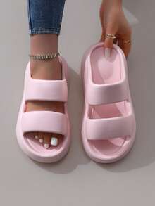 Simple EVA Double-Strap Thick Sole Anti-Slip Beach & Home Slippers For Women - Pink - View 4