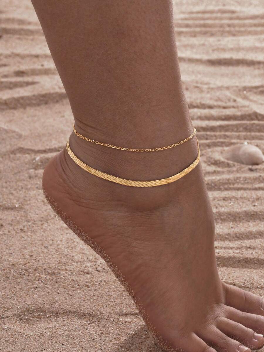 2pcs Simple Fashion Stainless Steel Twisted Chain Anklets For Women, Summer - 2-piece Set - View 1