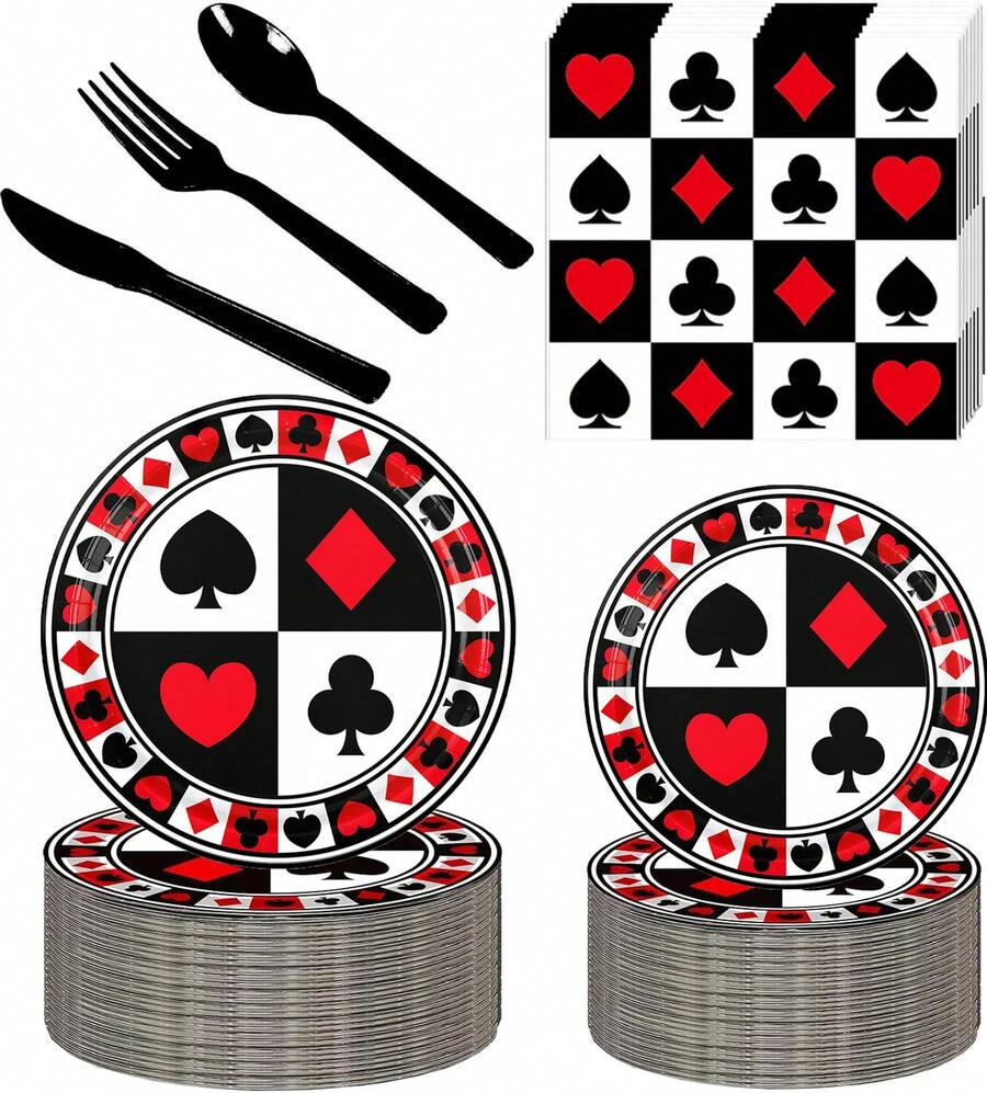 133Pcs Casino Party Set - Casino-Themed Party Supplies Set, Including Plates, Napkins, Cups, Straws And Cutlery, Suitable For Casino Poker-Themed Party Decoration, For 16 Guests. - 黑與白 - 查看 1