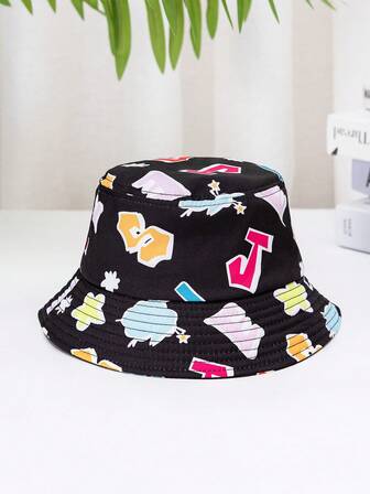 1pc Spring/Summer 8-14 Years Old Boys Japanese Style Bucket Hat, New Design Abstract Letter Print Sun Hat, Suitable For Outdoor, Mountain Climbing, Daily Use