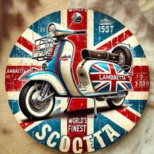 1 pieza Letrero de metal con diseño de estilo vintage de la Lambretta Scooter - Diseño de bandera británica 2D, decoración de pared de 8 pulgadas de diámetro, fácil de colgar, adecuado para el hogar, el jardín, el bar, la cafetería, la oficina y también para la decoración de la habitación - Estilo de orificio como el tamaño mostrado