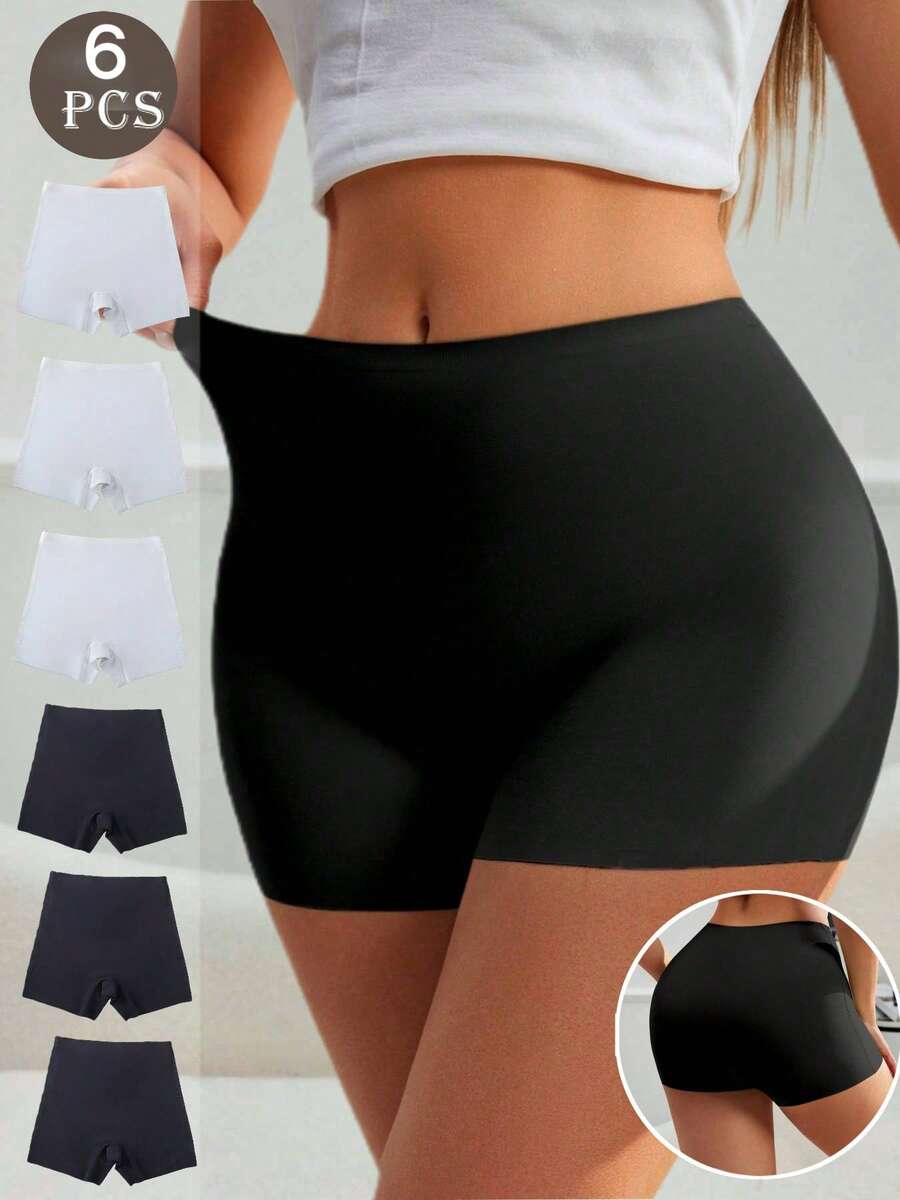 6pcs Women's Seamless Silk Shorts, Anti-Flashing & Anti-Curling Design, Mid-Waist Boyshort Panties, Suitable As Undershorts - Multicolor - View 1