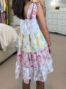 Women Mini Dress Floral Print Tie-Up Straps Cami Dress Summer Fashion Sleeveless Casual Dress - Nhiều màu - Xem 6