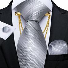 4 件男士轻薄领带 150 厘米条纹佩斯利黄玫瑰红领带和手帕袖扣方形透气领带夹套装婚礼派对伴郎礼物 - 彩色 - 查看 21