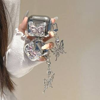 1 件高档电镀银色 3D 水钻蝴蝶 + 蝴蝶装饰蓝牙耳机盒，兼容 Apple 1/2/3/Pro/Pro 第二代，创意设计