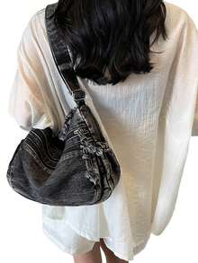 Vintage Denim Shoulder Bag For Women Stylish Adjustable Strap Crossbody Bags For Work - 黑色 - 查看 4