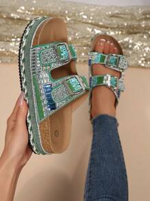 2025 Spring/Summer New Fashion Women Slides, Double Buckle, Rhinestone Decor, Soft Thick Bottom, Suitable For Home, Indoor, Outdoor, Beach, Random Floral Pattern