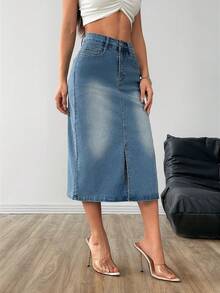 Falda vaquera recta y versátil con bolsillo para mujeres